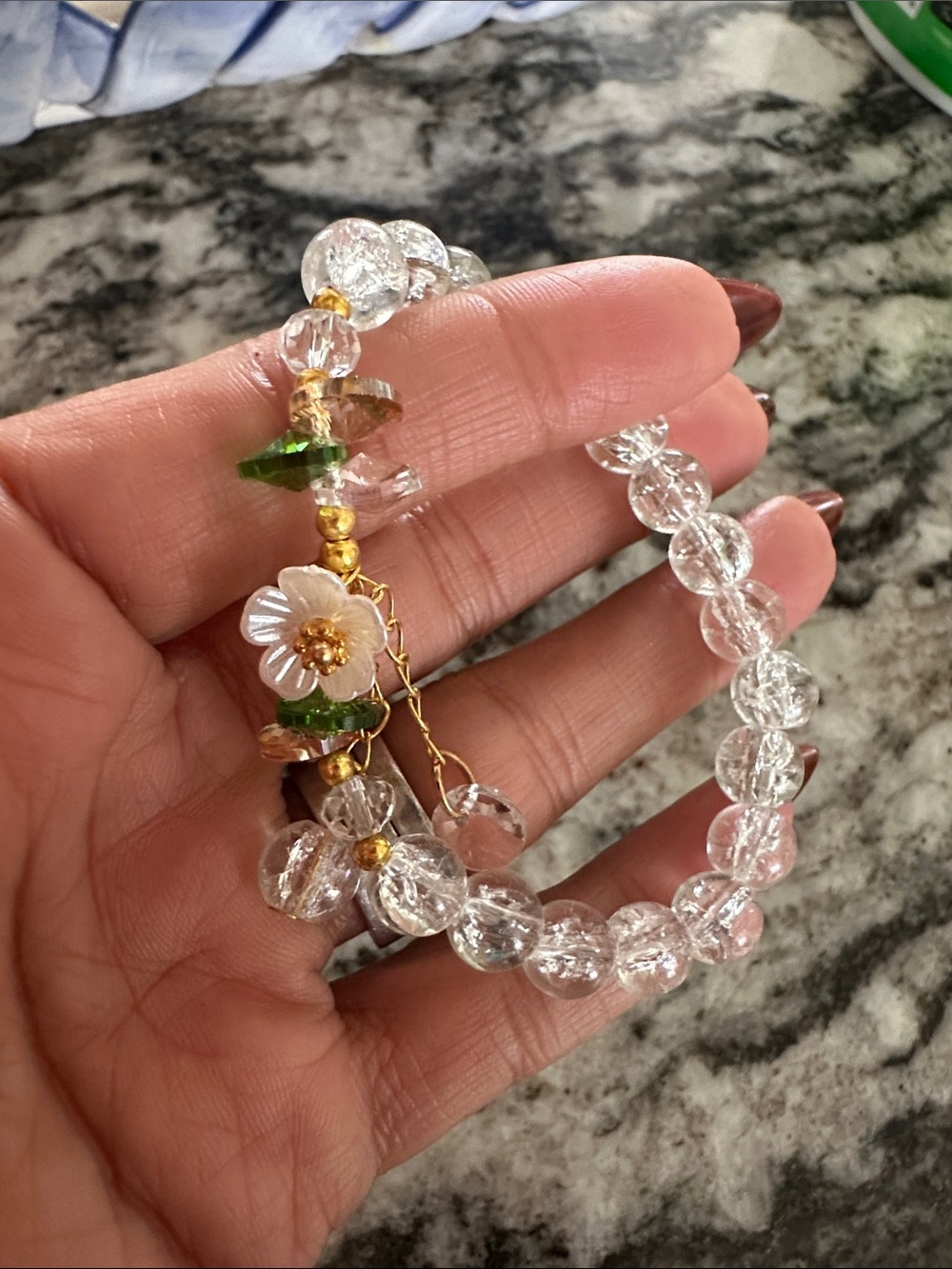 Crystal Bead Flower Stretch Bracelet - Clear with Gold Accents